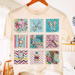 PNG de estilista de moda, patchwork acolchado, diseño de herramientas de salón, descarga de imágenes prediseñadas retro femeninas para sublimación