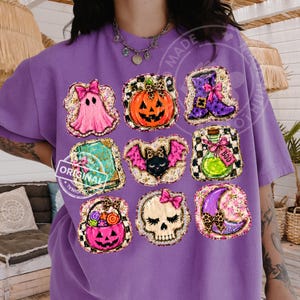 Roze girly Halloween-patch png-sublimatieontwerp, spookpompoen heksenlaarzen schedel clipartraster