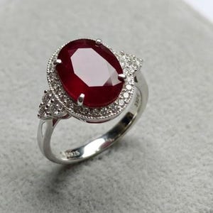 Oval Ruby Red Statement Ring | Sterling Silver Halo Cocktail Ring
