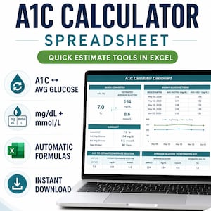 Op de afbeelding: Een laptopscherm toont een A1C Calculator Spreadsheet met tools voor gegevensconversie en een 90-daagse glucose trend grafiek. De afbeelding bevat de tekst "Quick Estimate Tools in Excel." De metingen zijn mg/dL en mmol/L.