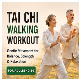 Könnte beinhalten: Ein Tai-Chi-Gehtraining-Leitfaden mit dem Text TAI CHI WALKING WORKOUT Gentle Movement for Balance, Strength & Relaxation FOR ADULTS 40-60. Zwei Personen in hellbeiger traditioneller Kleidung führen Bewegungen auf einem Feld aus.