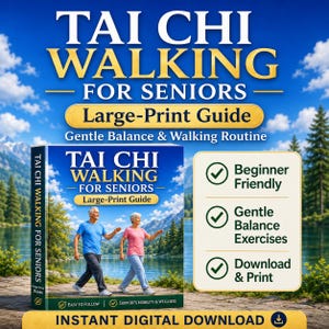 May include: A book cover for "Tai Chi Walking for Seniors" with a large-print guide. The cover features a couple walking by a lake, with text indicating beginner-friendly exercises and a download option. The background shows a scenic landscape.
