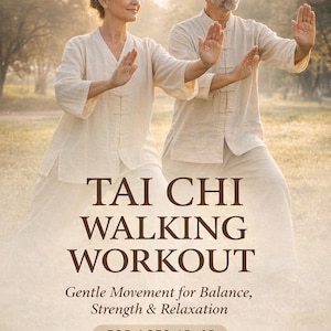 Puede incluir: Imagen de una pareja madura practicando Tai Chi al aire libre. Visten ropa clara y realizan movimientos suaves. El texto dice "Tai Chi Walking Workout" y "Gentle Movement for Balance, Strength & Relaxation".