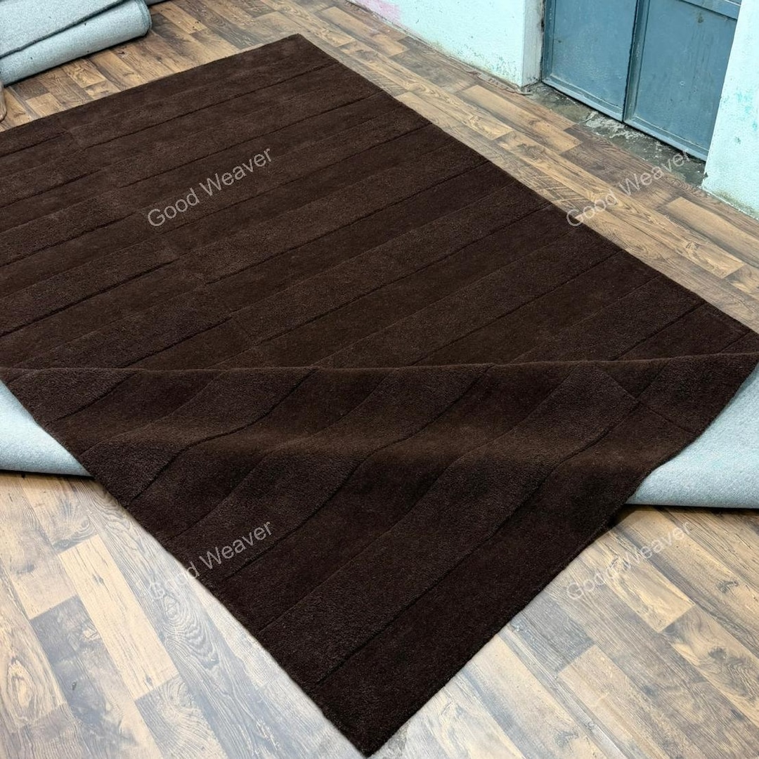 Hand Tufted Wool Rug | Chocolate Brown Color, High-low Pile Area Carpet ...