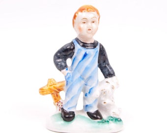 Vintage Occupied Japan Porcelain Figurine Boy With Scotty Dog 1940s Hand Painted