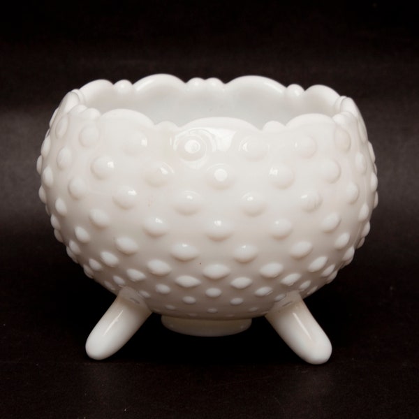 Vintage Fenton Hobnail White Milk Glass Footed Candy Bowl Scalloped Edge Snack Dish