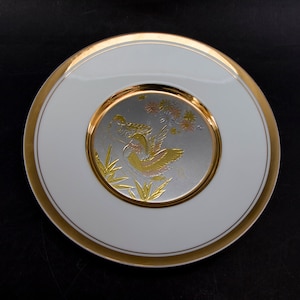 Vintage Art of Chokin Plate | Ducks in Water Design | 24K Gold Trim | Made in Japan | 8-Inch Etched Copper and Gold Plate