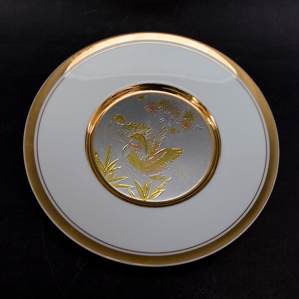 Vintage Art of Chokin Ducks in Water Plate 24K Gold Made in Japan Etched Copper and Gold 8 Inch