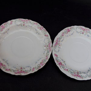 May include: Two white porcelain plates with a scalloped edge. Each plate is decorated with a floral pattern of pink roses, blue accents, and green foliage around the rim. The plates are set against a black background.