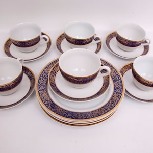 Vintage Karolina Royal Porcelain Trio Set (18 Pieces) - Cobalt Blue with 22K Gold Filigree - Teacups, Saucers, Dessert Plates