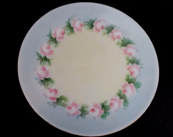 Vintage Silesia Germany Rose Plate Hand Painted Pink Roses Rimmed in Gold 1920s German Platter 7 Inch