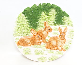 Vintage Bunnies Plate, Relief Design, Hand Painted, Rabbits in Field, CBK Ltd Taiwan, 3D Effect, Easter Plate