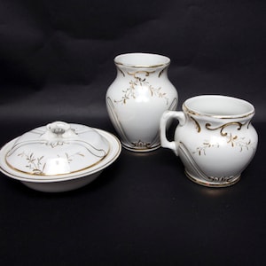 Juego de afeitado antiguo de porcelana E.L.P. Waco: pintado a mano en oro de 22 quilates, 3 piezas (1880-1900). Una pieza rara.
