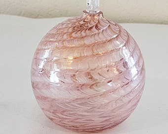 Vintage handgeblazen glazen bol olielamp met lont roze werveling iriserende ronde bol
