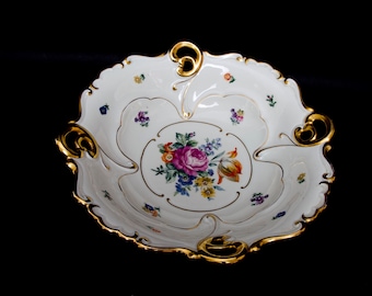 Vintage JLMenau Graf Von Henneberg Porcelain Bowl - Hand Enameled German 11-Inch Dish - Encrusted Gold Scrolls & Dresden Flowers