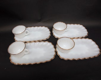 Vintage Anchor Hocking Fire King Snack Tray Set of 4 - 8 Pieces - White Milk Glass, 22kt Gold Trim, Swirled Glass Cups, Scalloped Edge Tray