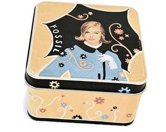 Vintage authentiek FOSSIL horloge vierkante blikken doos 2001 – Retro metalen opberger, met damesontwerp