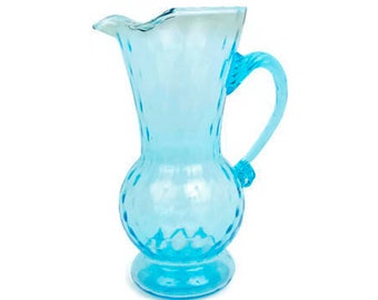 Vintage Empoli Italy Aqua Glass Cocktail Pitcher Ice Lip Twisted Handle Optic Glass Hand Blown 7 Inch