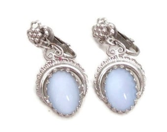 Vintage Pale Blue Drop Clip On Earrings - Moonstone, Moon Glow Lucite - Silver Tone Setting