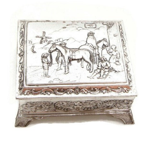 Vintage Repousse Jewelry Box Silver Plated Embossed Horses and Soldiers JAPAN Trinket Holder Ring Box Red Felt Lining