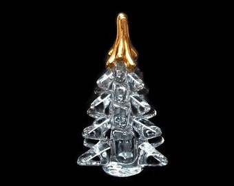 Vintage Hand Blown Crystal Glass Tree With Gold Leaf Top - 6 Inch - Art Glass Paperweight - Christmas Tree - Holiday Decoration