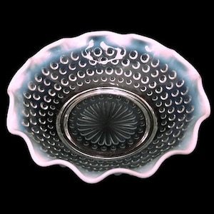 Vintage Fenton Moonstone Opalescent Hobnail Ruffled Edge Candy Dish -  Milk Glass Crimped Edged Bowl - Wedding and Holiday Decor - 8 Inch