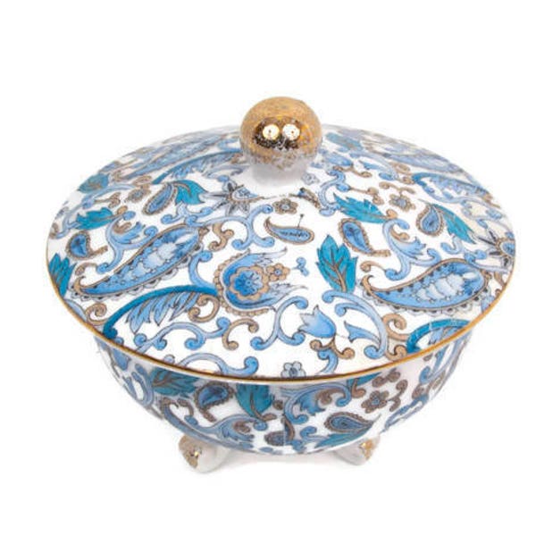 Vintage Lefton China Blue Paisley Candy Dish Footed Bowl With Lid Trinket Box Jewelry Gold Trim Brushed Gilt Handle Made in Japan Porcelain