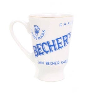 Vaso de chupito vintage de porcelana Carlsbad Bechers, recuerdo de la República Checa, taza publicitaria Jan Becher Karlovy Vary, artículos de bar