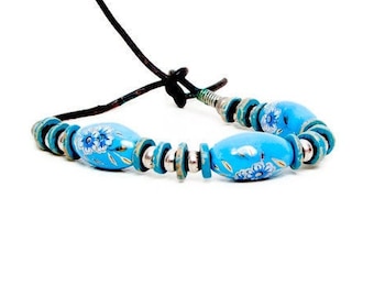 Vintage Beaded Bracelet - Porcelain Beads - Hand Painted Floral - Leather Cord - Turquoise and Silver