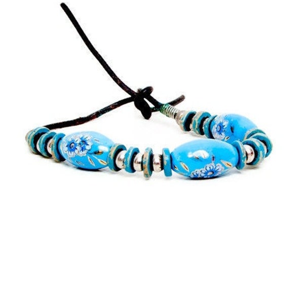 Vintage Beaded Bracelet - Porcelain Beads - Hand Painted Floral - Leather Cord - Turquoise and Silver