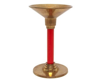 Vintage Brass Candlestick Red Stem- Hong Kong - Candle Holder - Flared Edge Wax Catcher - 6 Inch