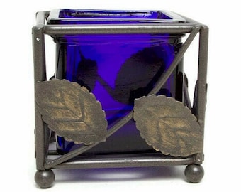 Vintage Cobalt Blue Glass Candle Holder - Bronze Metal Stand - Potpourri Jar, Centerpiece, Trinket Holder - Votive and Tealight