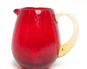 Vintage Pilgrim Red Crackle Glass Creamer Pitcher Amber Handle Hand Blown Art Glass