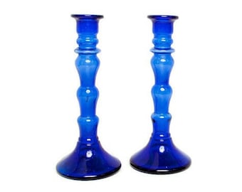 Vintage Cobalt Blue Glass Candlesticks - Ornate Candle Holders - Matching Pair - Tall Taper Sticks - Table Decor  - Hand Blown - 9 Inch