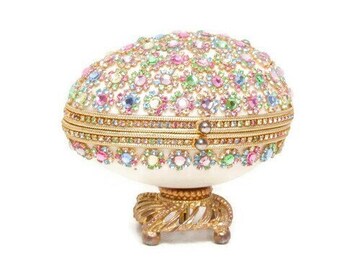 Vintage Embellished Jeweled Ostrich Egg Music Box - Hand Painted - Egg Casket - Ring Box - Multi Colored Swarovski Crystals - Satin Lined