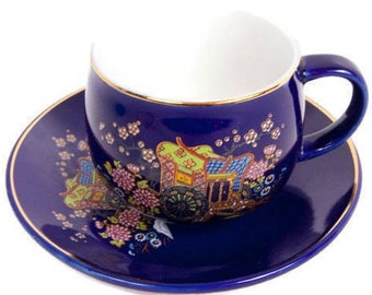 Vintage Japanese Porcelain Cobalt Blue Teacup and Saucer Hand Painted Rickshaw and Floral Made in Japan