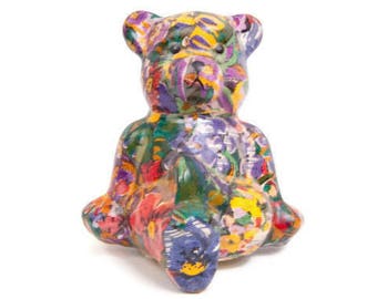 Vintage Decoupage Tapestry Bear Porcelain Figurine Multi Color Floral 7 Inch