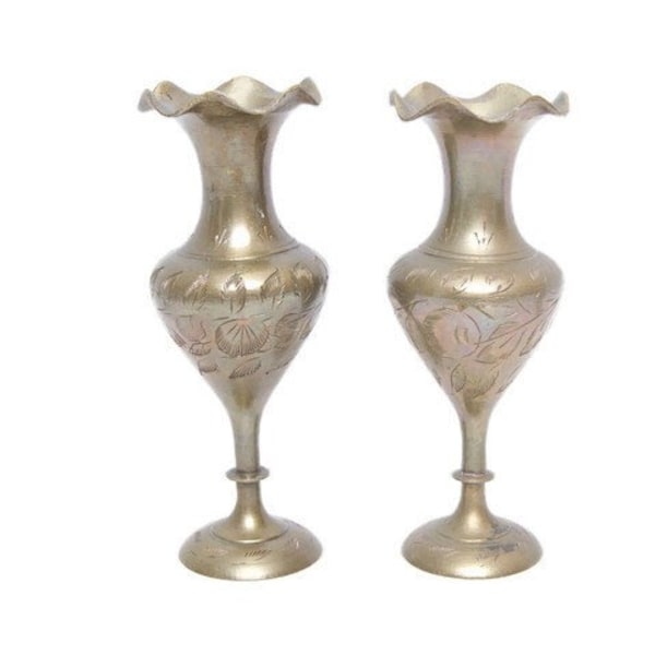 Vintage Solid Brass Etched Floral Vases Candlestick Holders MADE IN INDIA Taper Holder