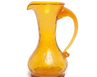 ヴィンテージ アンバー クラックル ガラス ピッチャー 脚付きクリーマー 手吹きアートガラス 5.25インチ