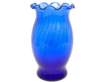 Vintage Anchor Hocking Cobalt Blue Swirl Glass Vase - Ruffled Edge - Hand Blown Art Glass - Centerpiece for Wedding or Home Decor