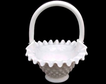 Vintage Fenton Hobnail Korb Weiße Milchglas Henkelschale Rüschenrand Brautkorb 7 Zoll