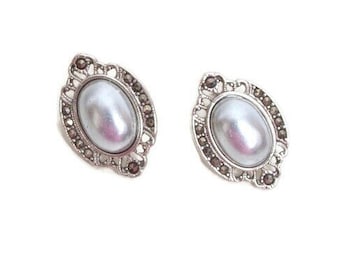 Vintage Faux Silver Pearl Filigree Stud Earrings - Oval Cabochon - 1928 Jewelry Brand - Pierced Earring - Victorian Style - Elegant Wedding