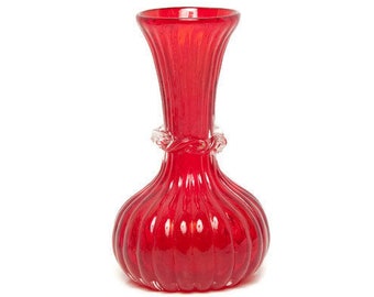 Vintage Red Pilgrim Glass Ribbed Bud Vase - Clear Rigaree - Ribbon Accent - Pilgrim P Symbol - Collectible Home Decor