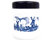 Vintage Valkenswaard Holland Humidor Opaline Dutch Cigar Jar with Lid Blue and White Milk Glass Tobacco Canister Made in Belgium