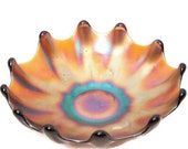 Antique Fenton Amethyst Carnival Glass Bowl Electric Green Swung Fluted Edge Centerpiece Ribbed iridescent Elegant Art Glass Holiday
