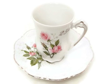 Vintage Royal Ann 25th Anniversary Teacup and Saucer Hand Painted Pink Roses