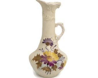 Vintage Hand Painted Bisque Floral Ewer - Porcelain Pitcher with Chrysanthemums Design, Relief Detail, and Finger Handle - Elegant Vase