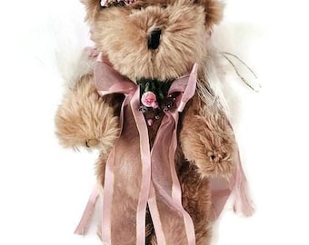 Adorno de osito de peluche de ángel vintage - Decoración para árbol de Navidad - Cintas y rosas rosas