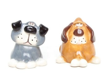 Vintage Sitting Dog Pottery Figurines Signed Pups Hand Made Hand Painted