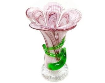 Vintage Mottled Amethyst Flower Petal Shaped Vase - Applied Green Glass - Hand Blown - Encased Glass - 5 Inch